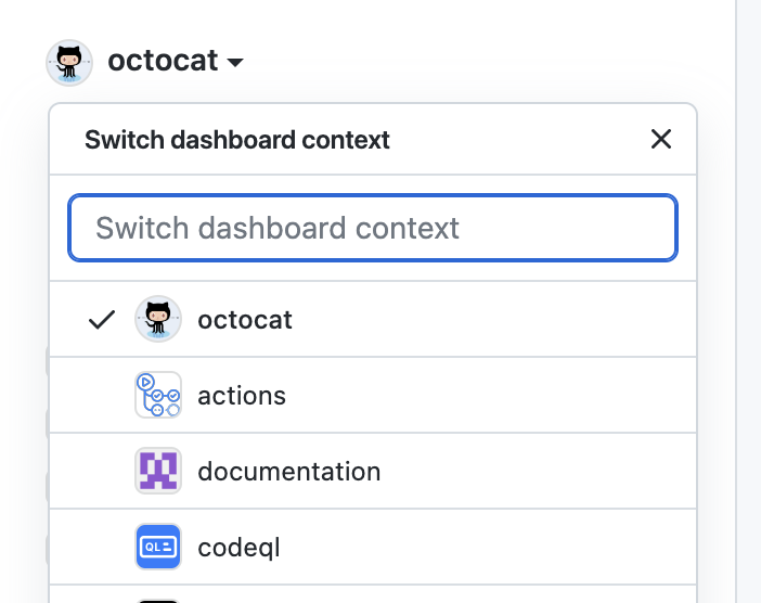 Dashboard context switcher drop-down menu showing different organization options