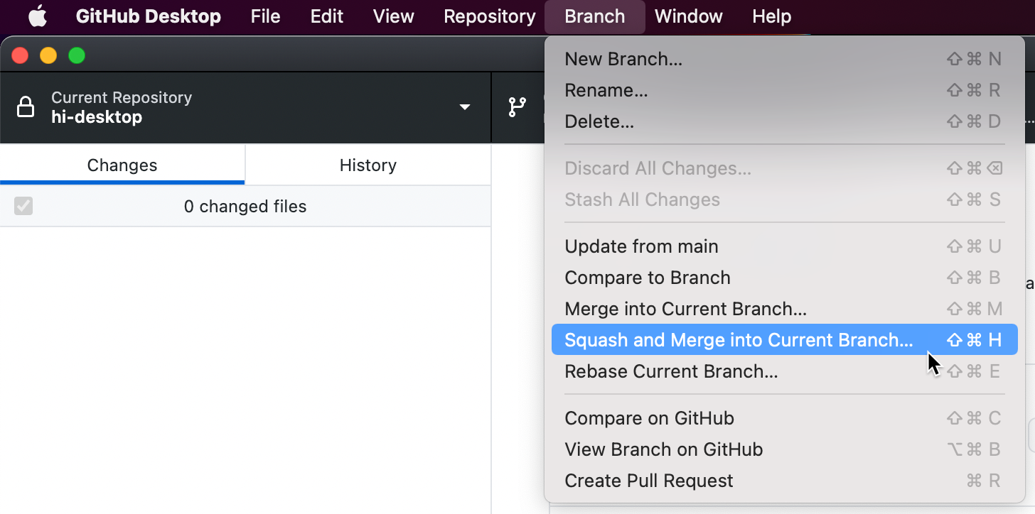 Screenshot der Menüleiste auf einem Mac. Im erweiterten Dropdownmenü „Branch“ wird der Cursor über eine Option mit der Bezeichnung „Squash and Merge into Current Branch“ (Squash und Merge in Current Branch) bewegt.