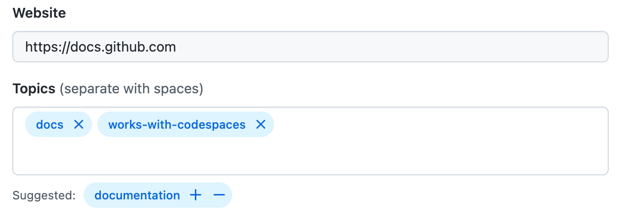 Capture d’écran du champ « Rubriques » montrant des exemples de rubrique : « docs » et « works-with-codespaces ». Une rubrique « Suggérée » « documentation » est illustrée ci-dessous.