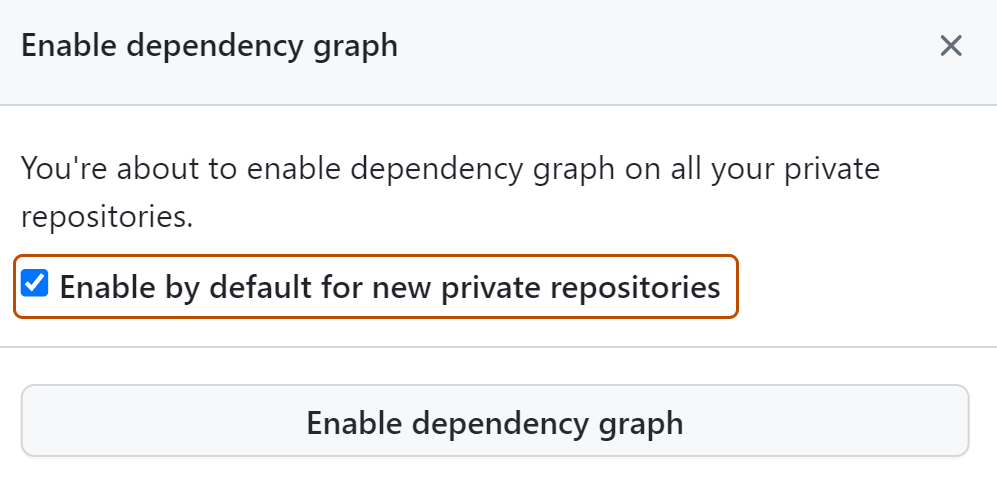 Captura de tela da caixa de diálogo modal "Habilitar RECURSO", com a opção "Habilitar por padrão para novos repositórios privados" realçada e com o contorno em laranja escuro.