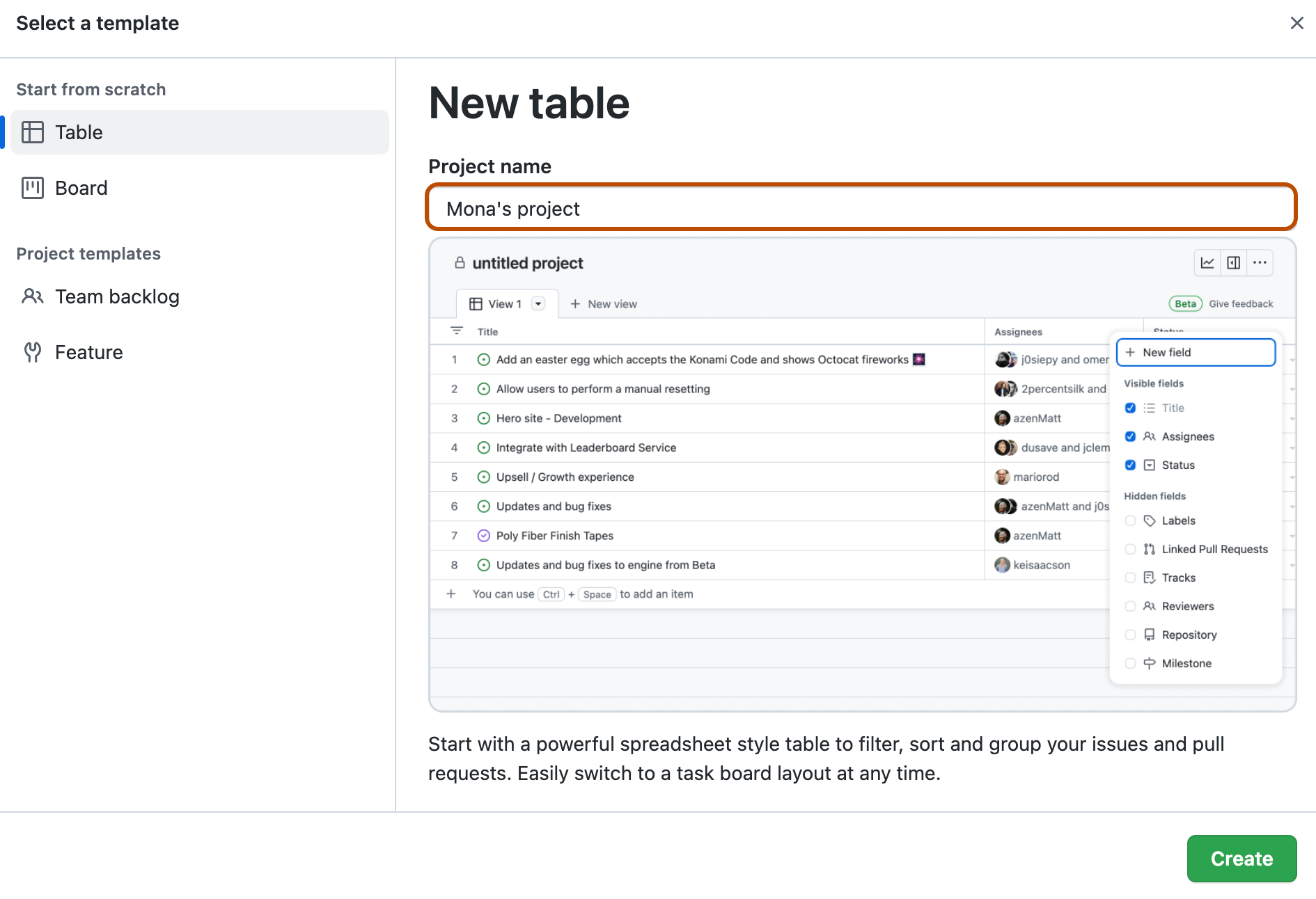 Screenshot showing the template selection modal. The title field is highlighted with an orange outline.