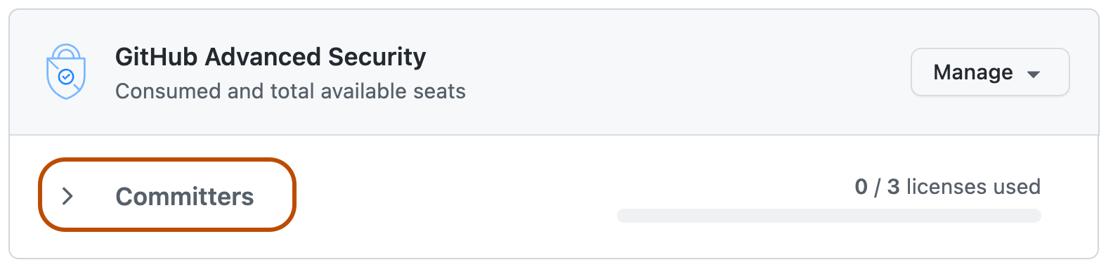 Screenshot of the GitHub Advanced Security licensing screen. The "Committers" dropdown is highlighted with an orange line.