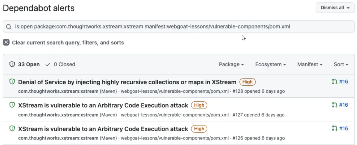 Capture d’écran de l’onglet Dependabot alerts montrant les alertes qui sont filtrées quand l’utilisateur accède à une alerte Dependabot héritée.