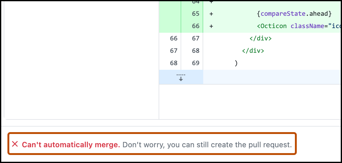 Captura de tela da janela de diálogo "Abrir uma Solicitação de Pull". Um rótulo de status informando "Não é possível fazer a mesclagem automaticamente" está realçado com um contorno em laranja.