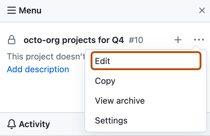 Edit option in drop-down menu from project board sidebar