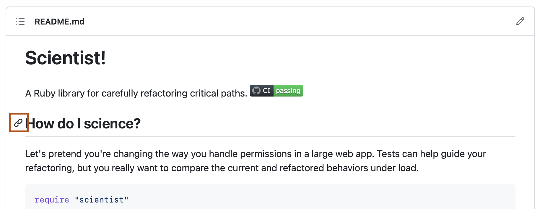 Section link within the README file for the github/scientist repository