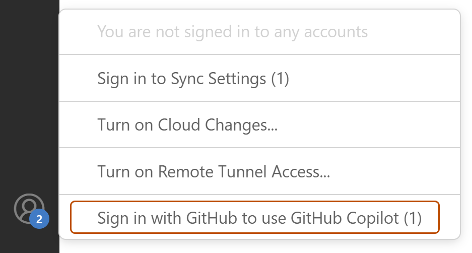 Captura de tela do menu contas em Visual Studio Code. A opção "Entre com GitHub para usar GitHub Copilot (1)" está contornada em laranja escuro.