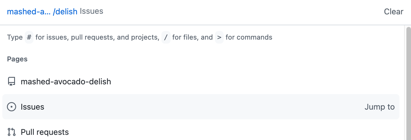 Screenshot der Befehlspalette. Die Seiten „Issues“ und „Pull Requests“ für das aktuelle Repository werden vorgeschlagen.