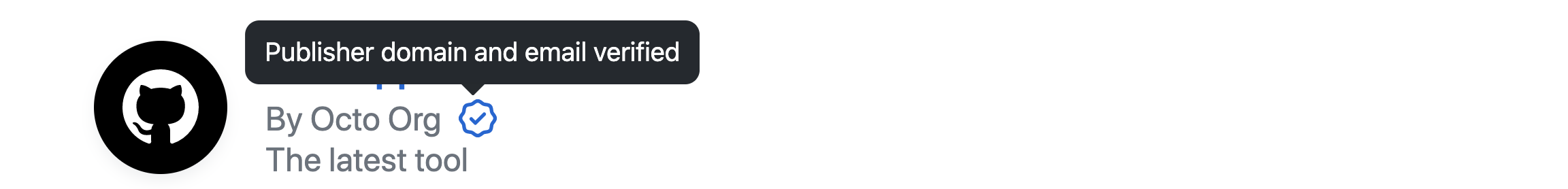GitHub App のマーケットプレース バッジのスクリーンショット。 マウス ポインターがアイコンの上に置かれ、"発行元ドメインと電子メールが検証済み" のヒントが表示されています。