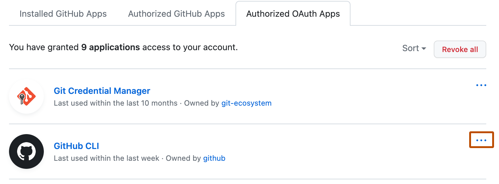 授权的 OAuth 应用程序列表