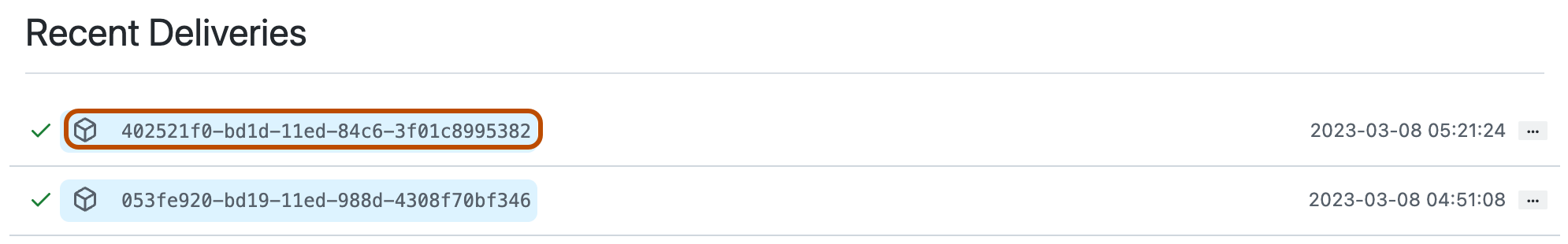 Webhook 的“最近交付”列表的屏幕截图。 交付列表中的交付 GUID 以橙色轮廓突出显示。