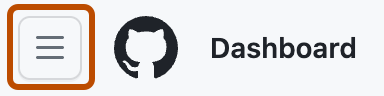 Captura de tela da barra de navegação do GitHub Enterprise Server. O ícone "Abrir menu de navegação global" é contornado em laranja escuro.