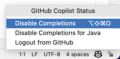 전체 또는 현재 언어에 대해 GitHub Copilot을 비활성화하는 메뉴의 스크린샷입니다(JetBrains IDE).