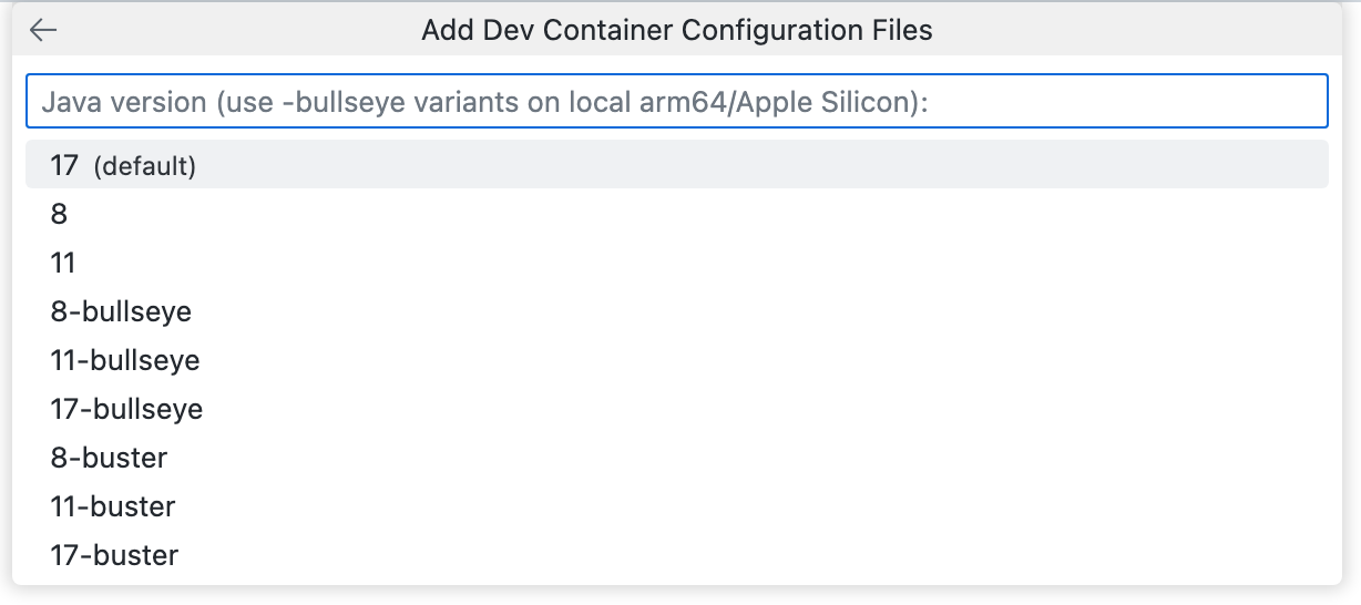さまざまな Java のバージョンが一覧表示されている [開発コンテナー構成ファイルの追加] ドロップダウンのスクリーンショット。