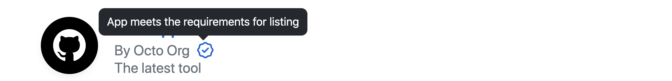 Capture d’écran d’un badge de place de marché pour une GitHub App. Le pointeur de la souris pointe sur une icône affichant l’info-bulle « L’application remplit les conditions nécessaires au référencement ».