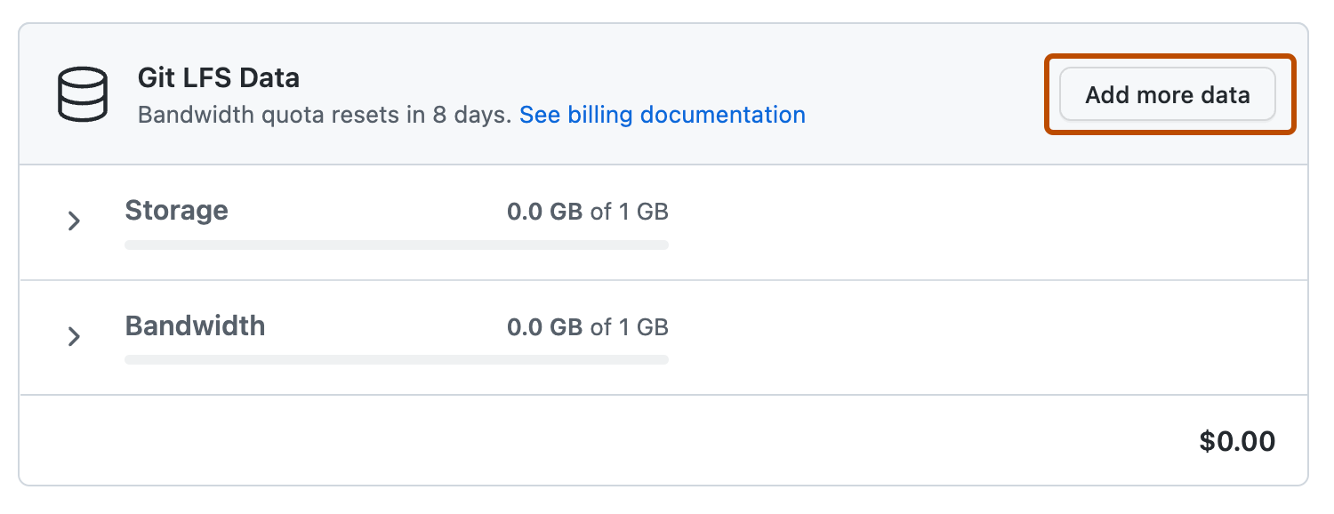 Captura de pantalla de la sección "Datos de Git LFS". Junto a "Datos de Git LFS", aparece un botón con la etiqueta "Agregar más datos" que está resaltado con un contorno naranja.