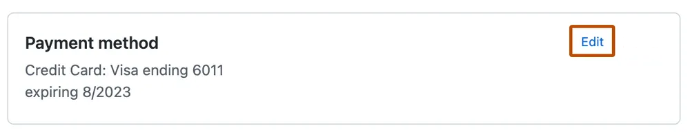 “付款方式”部分的屏幕截图。 “付款方式”旁边标有“编辑”的链接以深橙色框出。