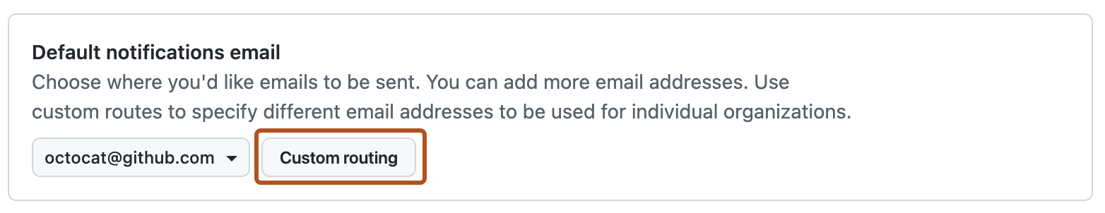 Screenshot of the "Default notifications email" section. A button, titled "Custom routing", is highlighted with an orange outline.