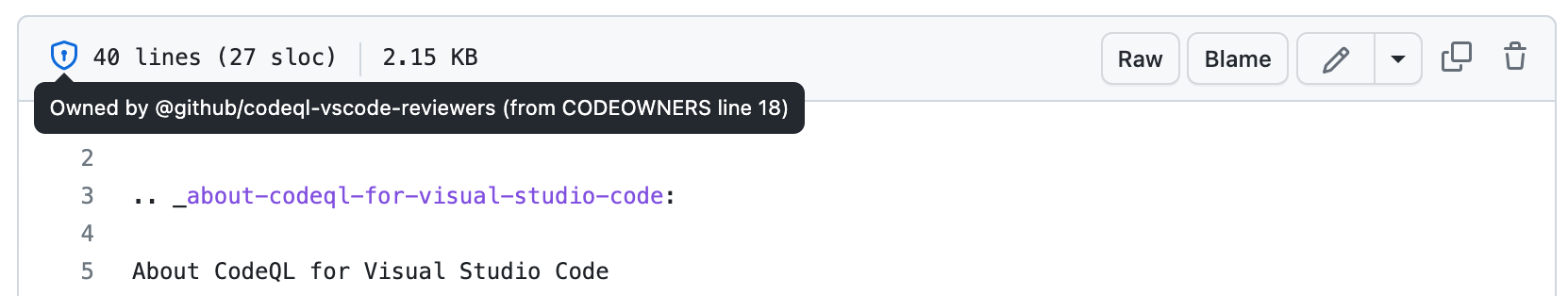 ファイルのヘッダーのスクリーンショット。 カーソルがシールド アイコンの上に置かれ、ヒント "ユーザーまたはチームが所有 (CODEOWNERS 行 NUMBER から)" が表示されています。