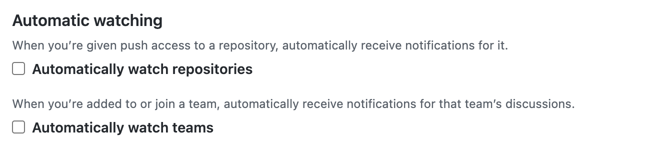 Captura de tela das opções "Inspeção automática" de equipes e repositórios.