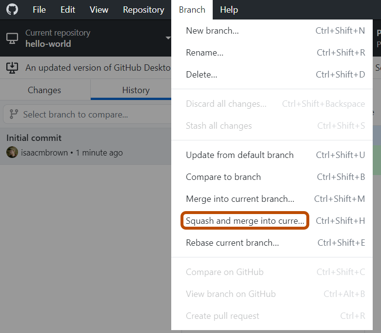 Screenshot der Menüleiste „GitHub Desktop“ unter Windows. Im erweiterten Dropdownmenü „Branch“ wird die Option „Squash and merge into curre...“ (Squash und Merge in Current Branch) orange umrandet.