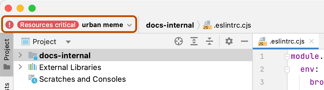 Screenshot des JetBrains-Clients. Der Codespacename „urban meme“ mit der Bezeichnung „Kritische Ressourcen“ ist dunkelorange umrandet.