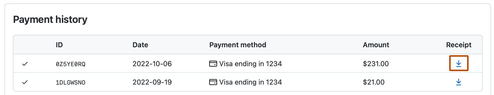 Capture d’écran de la section « Historique des paiements » dans la page de facturation. Une icône de téléchargement est mise en évidence avec un encadré orange.