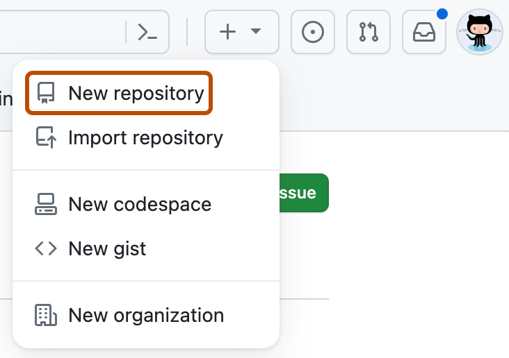 Capture d’écran d’un menu déroulant GitHub montrant les options permettant de créer des éléments. L’élément de menu « Nouveau référentiel » est souligné en orange foncé.