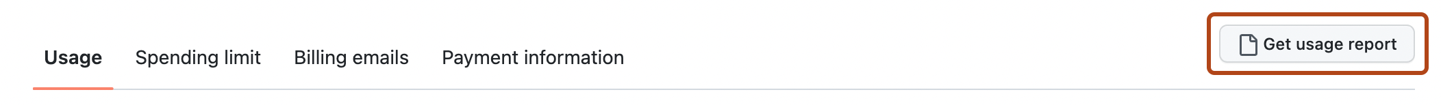Capture d’écran de l’en-tête de la page des paramètres de facturation sur GitHub. Un bouton, intitulé « Obtenir le rapport d’utilisation », est mis en évidence avec un encadré orange.