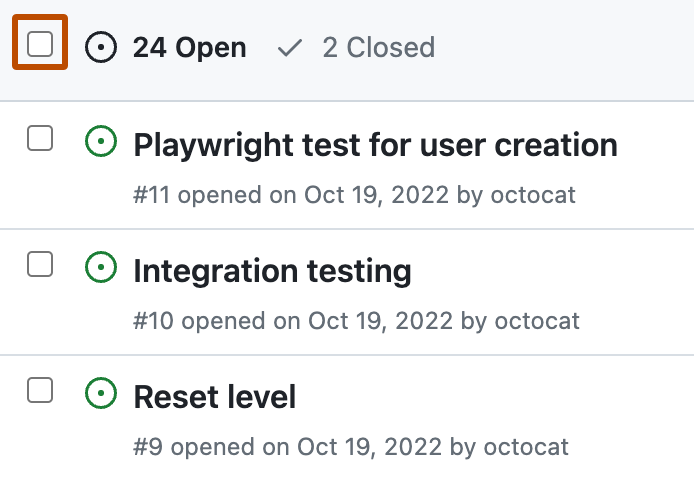 리포지토리 이슈 목록의 스크린샷. 목록 위의 머리글에 모든 이슈를 선택하는 확인란이 진한 주황색 윤곽선으로 표시되어 있습니다.