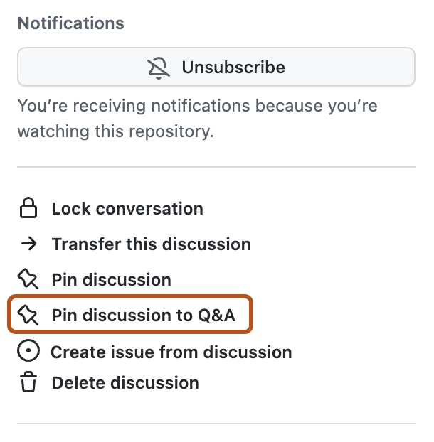 ディスカッションの右サイドバーのスクリーンショット。 [Pin discussion to Q&A] (ディスカッションを Q&A にピン留めする) オプションが濃いオレンジ色の枠線で囲まれています。