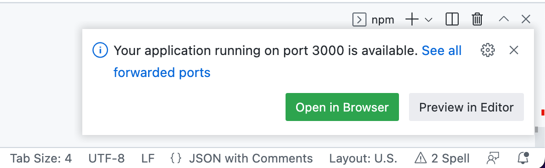 端口转发消息的屏幕截图，显示“端口 3000 上运行的应用程序可用”。 还显示“在浏览器中打开”按钮。