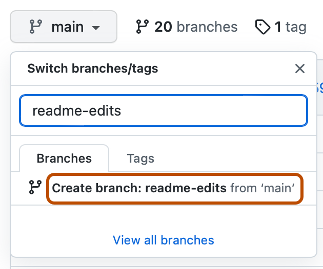 Screenshot des Dropdownmenüs „Branch“ für ein Repository. „Branch erstellen: readme-edits aus 'Standard'“ ist dunkelorange umrandet.