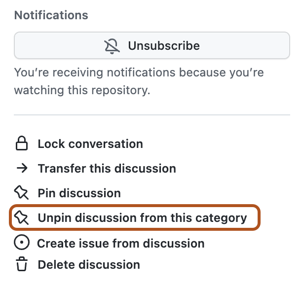 Capture d’écran de la barre latérale droite d’une discussion. L’option « Détacher la discussion de cette catégorie » est présentée en orange foncé.