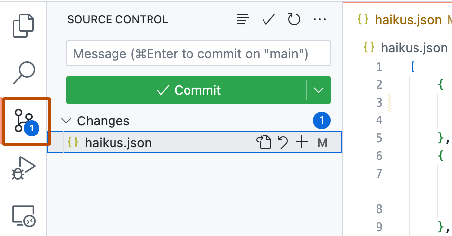 Capture d’écran de la barre d’activités VS Code avec le bouton Contrôle de code source mis en surbrillance avec un encadré orange.