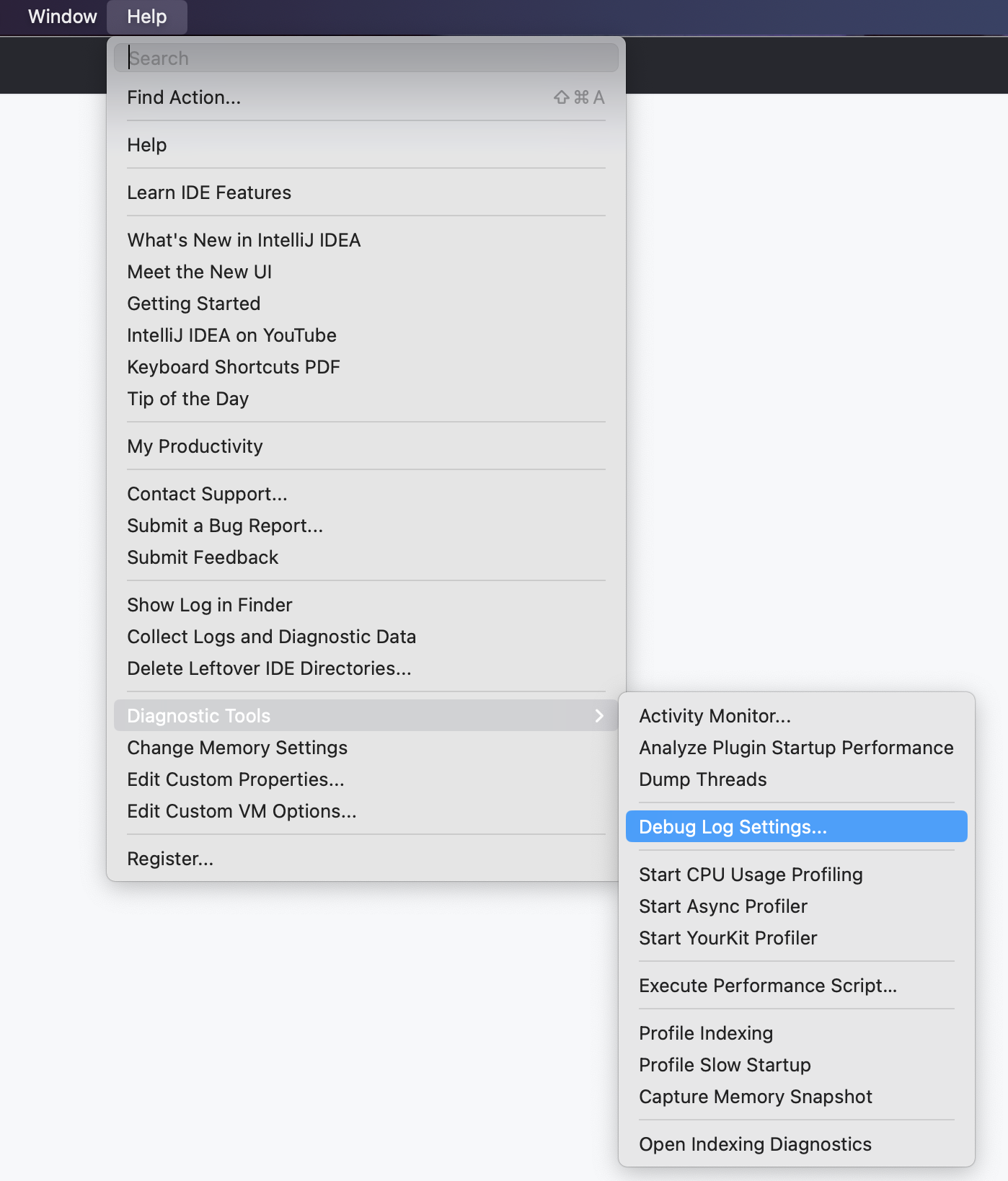 Screenshot der Menüleiste in einer JetBrains-IDE. Das Menü „Hilfe“ und das Untermenü „Diagnosetools“ werden erweitert, und die Option „Debugprotokolleinstellungen“ ist blau hervorgehoben.