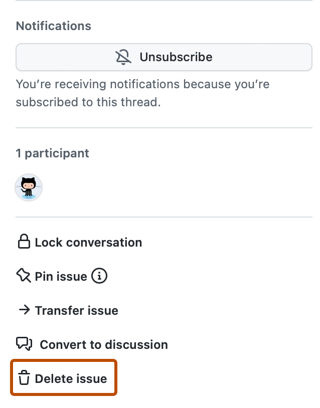 "Delete issue" のテキストが Issue ページ右側のバーの下で強調表示されている