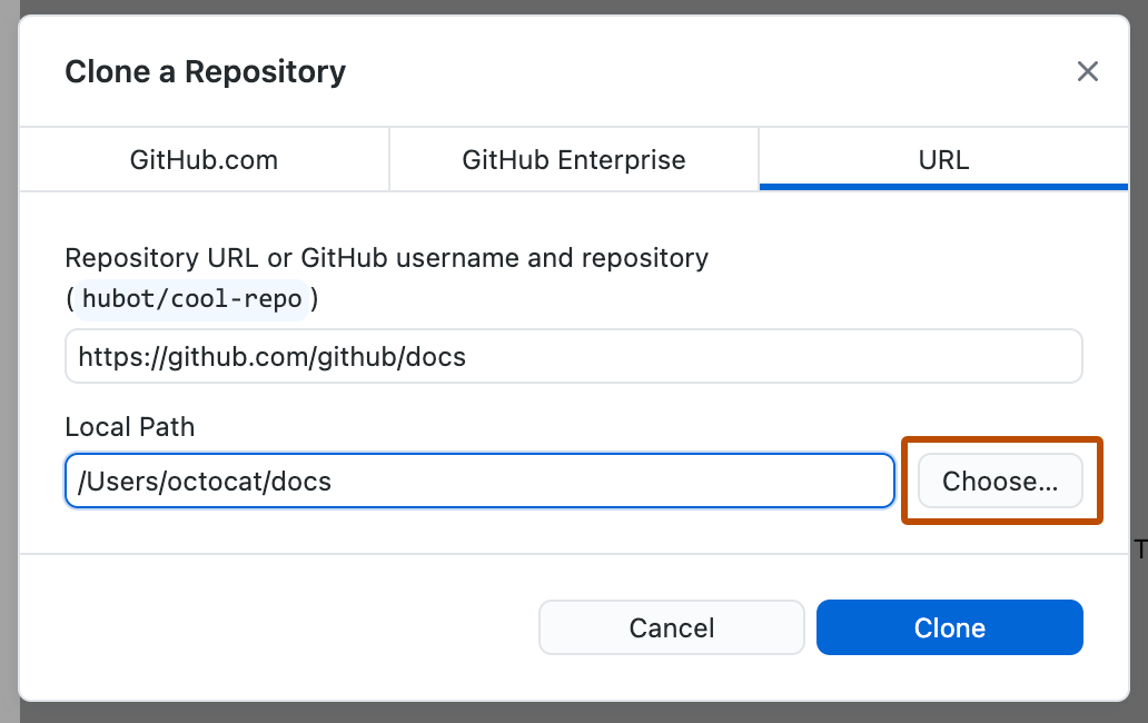 Captura de tela da guia "URL" da janela "Clonar um Repositório". Ao lado do campo "Caminho Local", um botão chamado "Escolher" é destacado com um contorno laranja.