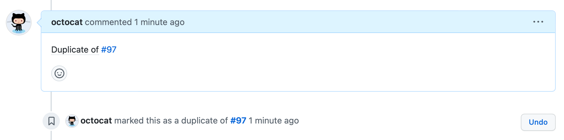 Capture d’écran de la chronologie d’un problème, avec un commentaire d’octocat qui indique « Doublon de #97 » et un événement de chronologie qui indique « octocat a marqué ceci comme étant un doublon de #97 ».