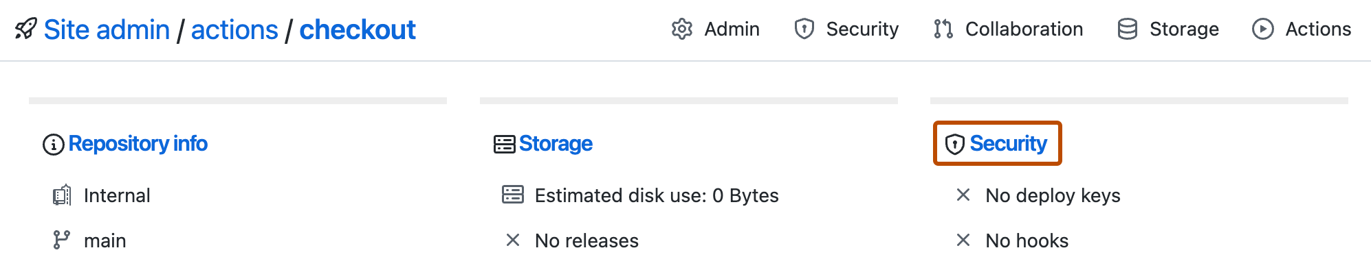 Captura de pantalla de los detalles del administrador del sitio para un repositorio. El vínculo "Seguridad" está resaltado con un contorno naranja.