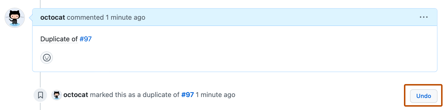 이슈 타임라인의 스크린샷. 중복으로 표시되는 이슈에 대한 타임라인 이벤트의 오른쪽에 "Undo"라는 레이블이 있는 단추가 진한 주황색 윤곽선으로 표시되어 있습니다.