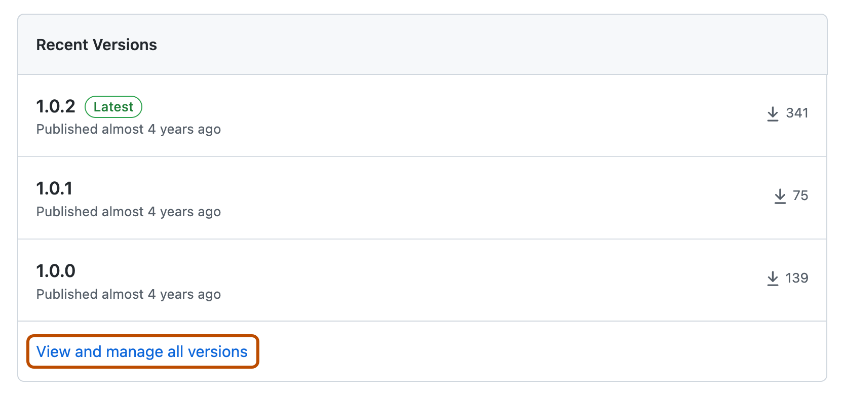 Screenshot des Abschnitts „Zuletzt verwendete Versionen“ eines Pakets. Darunter ist der Link „Alle Versionen anzeigen und verwalten“ orange umrandet.