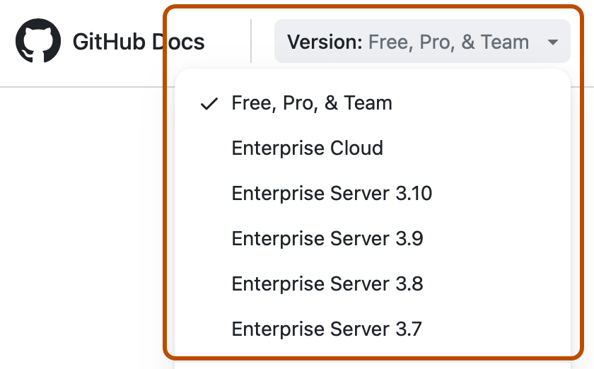 Captura de tela do cabeçalho de GitHub Docs. O menu suspenso "Versão" é expandido e realçado com um contorno laranja.