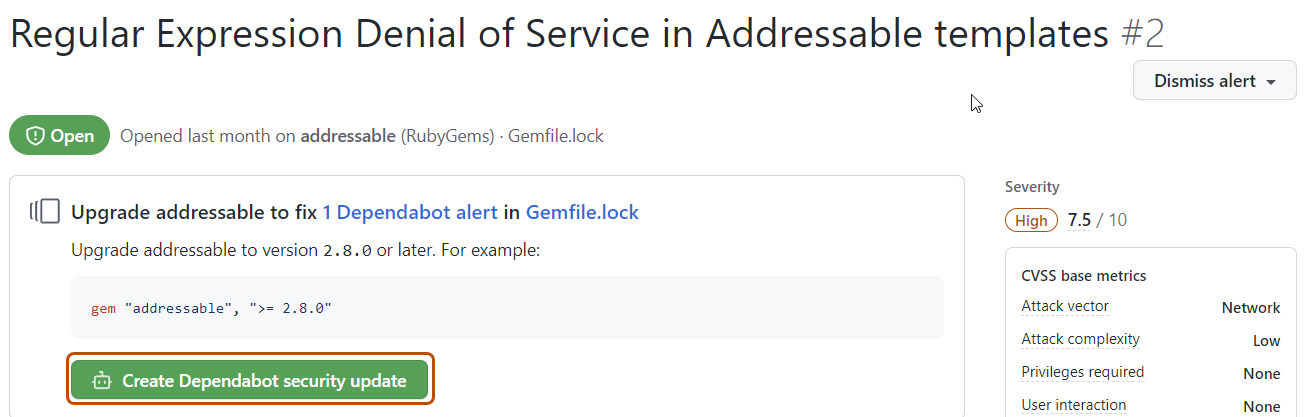 Dependabot アラートのスクリーンショット。[Dependabot セキュリティ更新プログラムの作成] ボタンが濃いオレンジ色の枠線で強調表示されています。