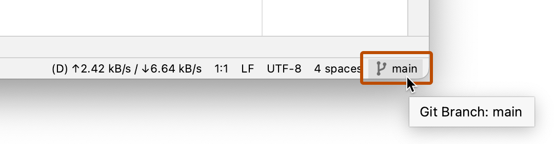Captura de pantalla de la barra de estado, con la información sobre herramientas del nombre de la rama que se muestra. El icono y el nombre de la rama, "main", se resaltan con un contorno naranja oscuro.