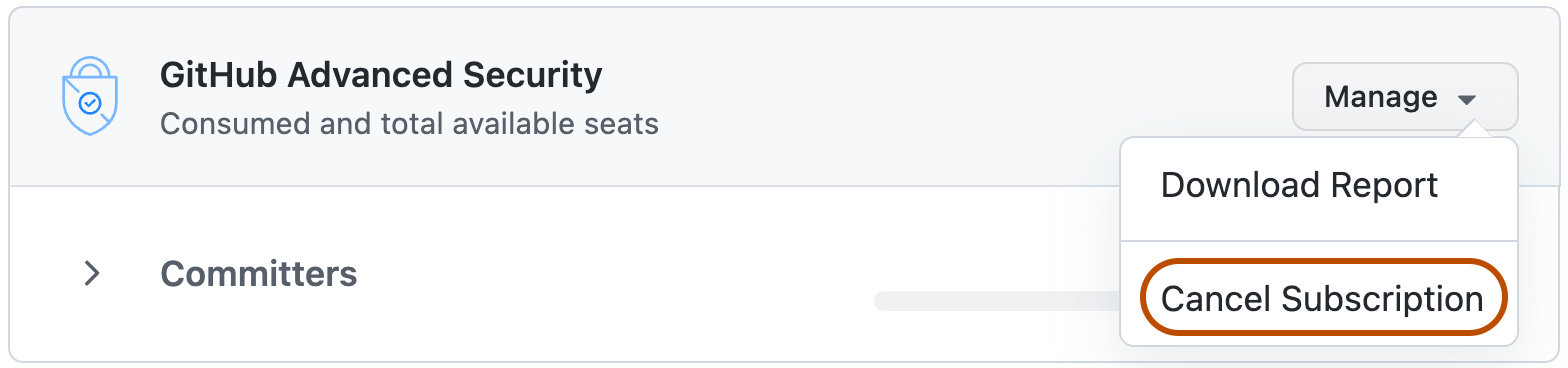 GitHub Advanced Security 라이선싱 화면의 "관리" 드롭다운 스크린샷 "구독 취소" 단추가 주황색 윤곽선으로 강조 표시됩니다.