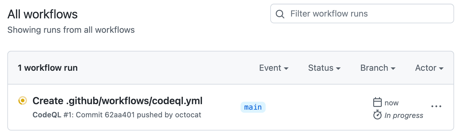 Screenshot: Seite „Alle Workflows“ In der Liste der Workflowausführungen befindet sich eine Ausführung mit der Bezeichnung „Create .github/workflows/codeql.yml.“.