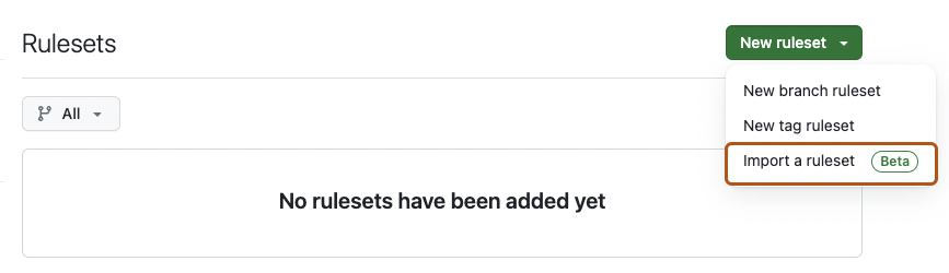リポジトリ ルールセットのページのスクリーンショット。 [新しいルールセット] というラベルのドロップダウン メニューが展開され、"ルールセットのインポート" オプションがオレンジ色の枠線でハイライトされます。