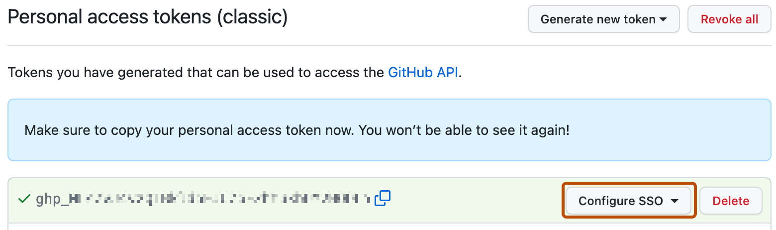 "Personal access tokens (classic)" 페이지의 스크린샷입니다. PAT에 대한 "SSO 구성" 단추는 진한 주황색으로 강조 표시됩니다.
