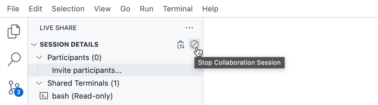 Screenshot of the stop icon to the right of "Session Details" in the "Live Share" side bar. The icon is a circle with a diagonal line through it.